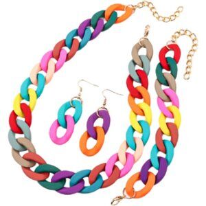 3Pcs Colorful Acrylic Chunky Necklace Bracelet Earrings Set Exaggerate Resin Cub